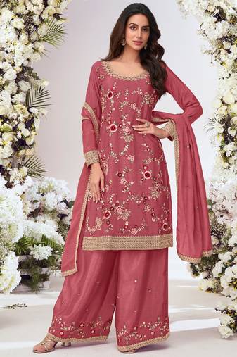 Peach chinon silk embroidered plazzo suit