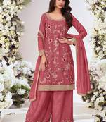 Peach chinon silk embroidered Palazzo suit
