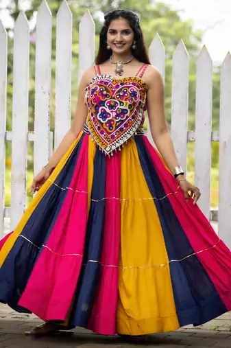 Multicolor Frilled Pattern Navratri Lehenga Choli With Fully Stitched Blouse