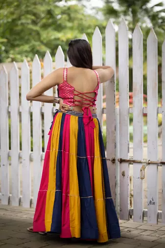 Multicolor Frilled Pattern Navratri Lehenga Choli With Fully Stitched Blouse