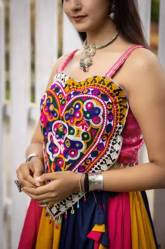 Multicolor Frilled Pattern Navratri Lehenga Choli With Fully Stitched Blouse