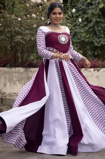 Maroon & White Navratri Lehenga Choli with Chevron Sleeves & Mirror Work