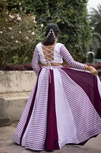 Maroon & White Navratri Lehenga Choli with Chevron Sleeves & Mirror Work