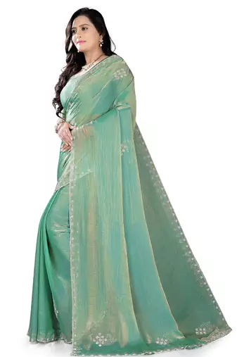 Green Ethnic Motifs Beads Embellished Tissue silk blend Saree
