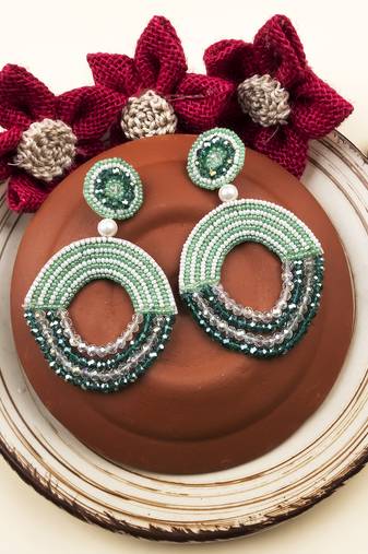 Handmade green half moon pearl earrings