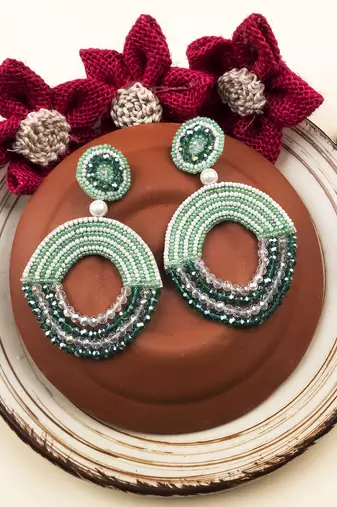 Handmade green half moon pearl earrings