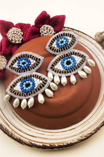 Handmade evil eye pearl drop earrings