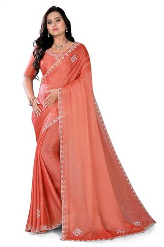 Orange Ethnic Motifs Beads Embellished Tissue silk blend Saree