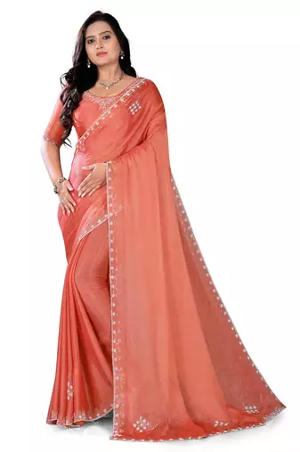 Orange Ethnic Motifs Beads Embellished Tissue silk blend Saree