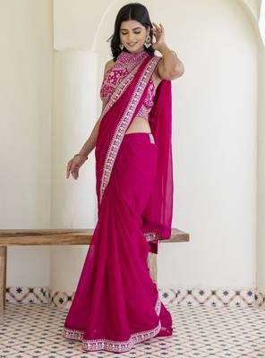 Hot Pink Rangoli Silk Cording Embroidered & 3 MM +7 MM Double Sequins Bridal Saree 6