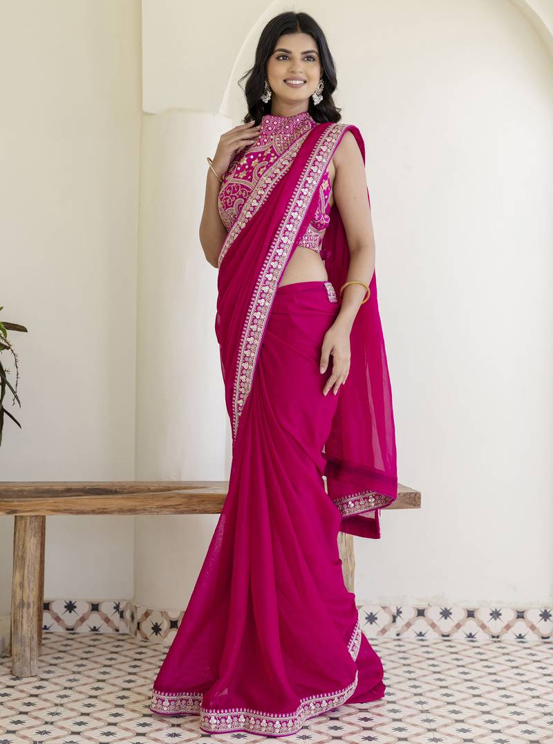 Hot Pink Rangoli Silk Cording Embroidered & 3 MM +7 MM Double Sequins Bridal Saree