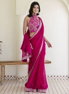 Hot Pink Rangoli Silk Cording Embroidered & 3 MM +7 MM Double Sequins Bridal Saree 8