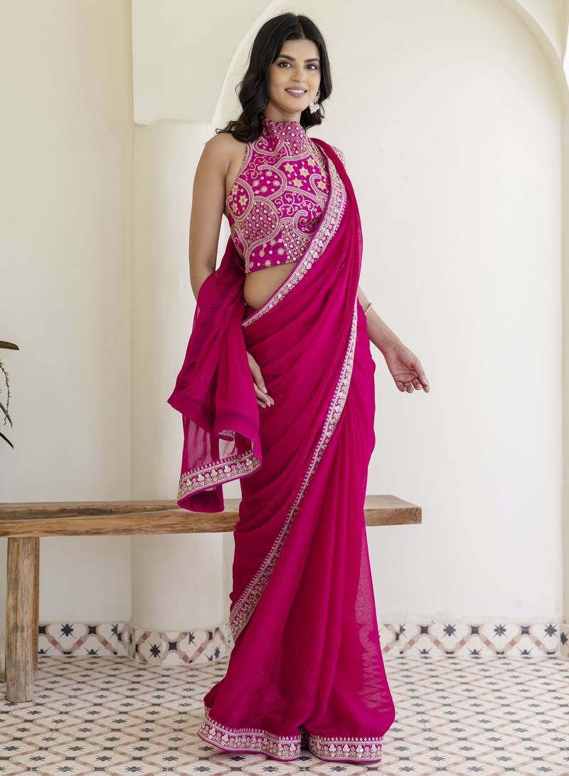 Hot Pink Rangoli Silk Cording Embroidered & 3 MM +7 MM Double Sequins Bridal Saree