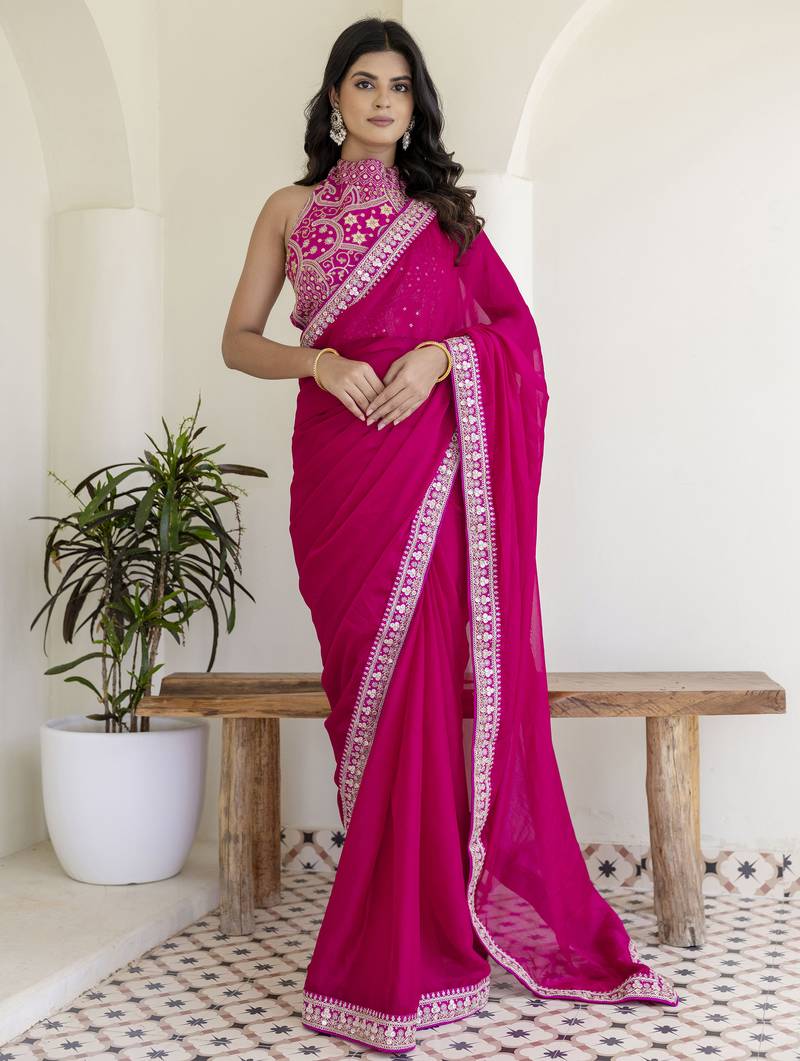 Hot Pink Rangoli Silk Cording Embroidered & 3 MM +7 MM Double Sequins Bridal Saree