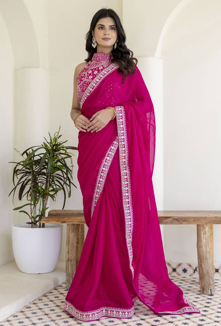 Hot Pink Rangoli Silk Cording Embroidered & 3 MM +7 MM Double Sequins Bridal Saree