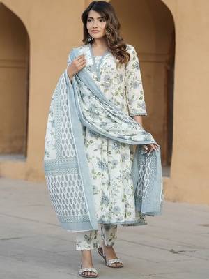 floral white and blue kurta set 1