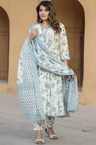 Serene beauty in floral white and blue kurta set