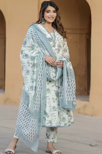 floral white and blue kurta set