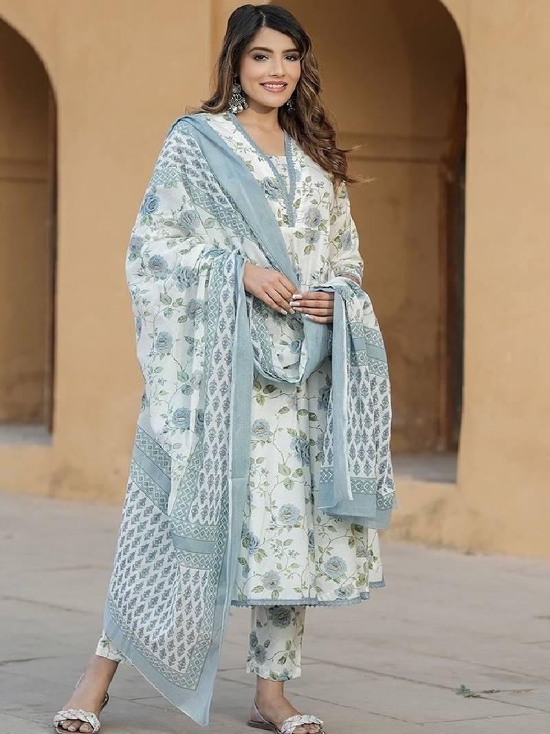 floral white and blue kurta set
