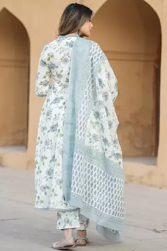 floral white and blue kurta set