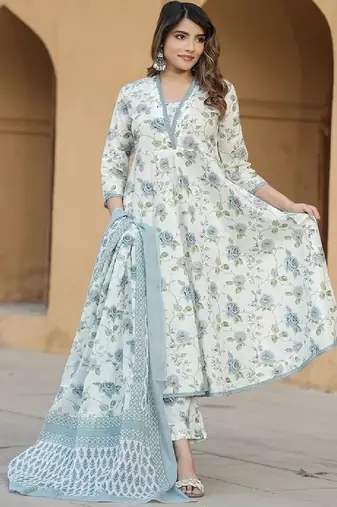floral white and blue kurta set