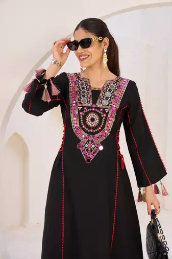 Black Color Rayon Embroidered Kurta Plazo Set