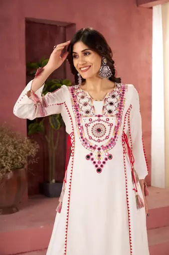 Off White Color Rayon Embroidered Kurta Plazo Set