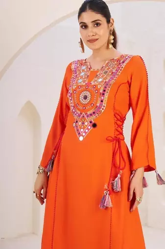 Orange Color Rayon Embroidered Kurta Plazo Set
