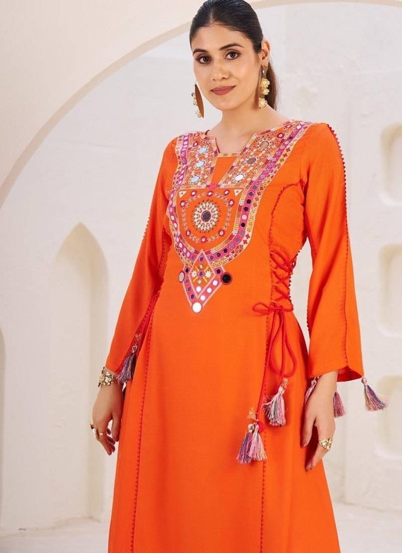 Orange Color Rayon Embroidered Kurta Plazo Set