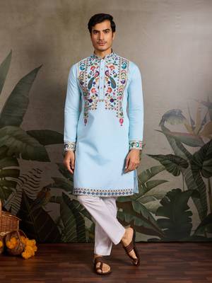 SKY BLUE VISCOSE SILK THEAD WITH SEQUINS EMBROIDERED WORK WEDDING FUNCTION NAVRATRI FESTIVAL PARTY WEAR STRAIGHT KURTA 1