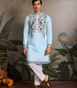 SKY BLUE VISCOSE SILK THEAD WITH SEQUINS EMBROIDERED WORK WEDDING FUNCTION NAVRATRI FESTIVAL PARTY WEAR STRAIGHT KURTA