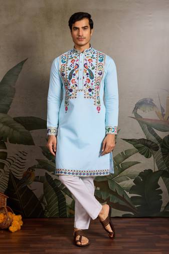 Sky blue viscose silk thead with sequins embroidered work wedding function navratri festival party wear straight kurta