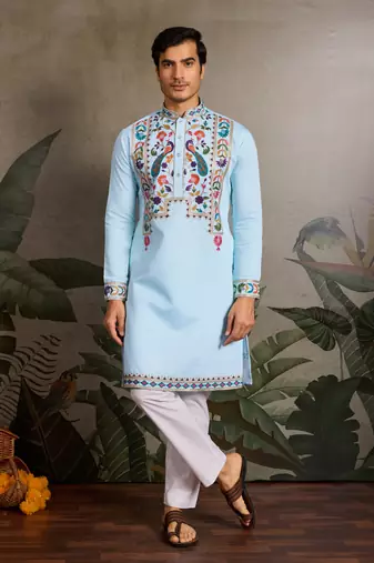 Sky blue viscose silk thead with sequins embroidered work wedding function navratri festival party wear straight kurta