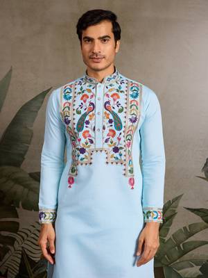 SKY BLUE VISCOSE SILK THEAD WITH SEQUINS EMBROIDERED WORK WEDDING FUNCTION NAVRATRI FESTIVAL PARTY WEAR STRAIGHT KURTA 3