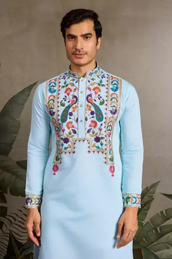 SKY BLUE VISCOSE SILK THEAD WITH SEQUINS EMBROIDERED WORK WEDDING FUNCTION NAVRATRI FESTIVAL PARTY WEAR STRAIGHT KURTA
