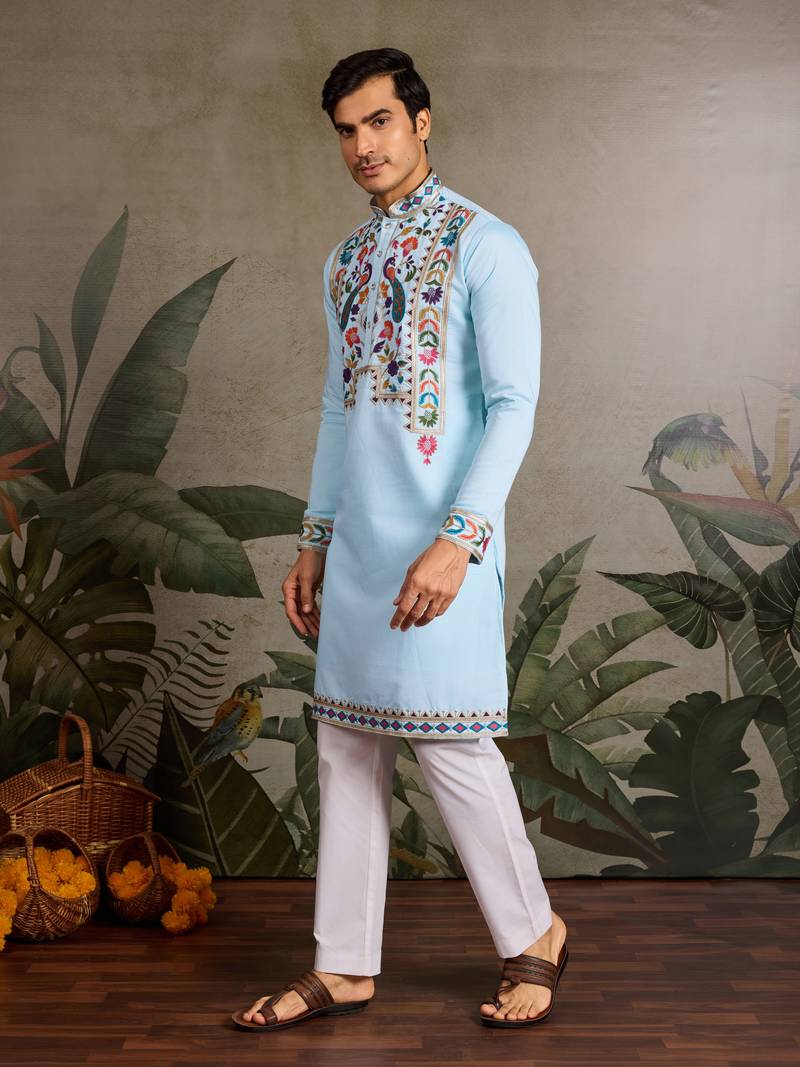 SKY BLUE VISCOSE SILK THEAD WITH SEQUINS EMBROIDERED WORK WEDDING FUNCTION NAVRATRI FESTIVAL PARTY WEAR STRAIGHT KURTA