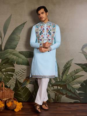 SKY BLUE VISCOSE SILK THEAD WITH SEQUINS EMBROIDERED WORK WEDDING FUNCTION NAVRATRI FESTIVAL PARTY WEAR STRAIGHT KURTA 5
