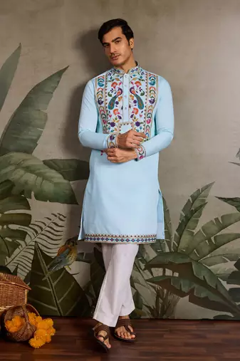 SKY BLUE VISCOSE SILK THEAD WITH SEQUINS EMBROIDERED WORK WEDDING FUNCTION NAVRATRI FESTIVAL PARTY WEAR STRAIGHT KURTA
