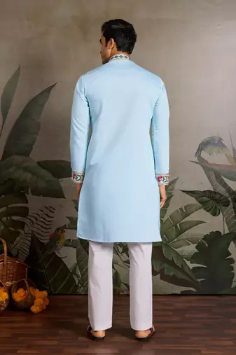 SKY BLUE VISCOSE SILK THEAD WITH SEQUINS EMBROIDERED WORK WEDDING FUNCTION NAVRATRI FESTIVAL PARTY WEAR STRAIGHT KURTA