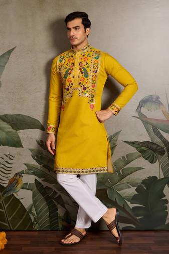 YELLOW VISCOSE SILK THEAD WITH SEQUINS EMBROIDERED WORK WEDDING FUNCTION NAVRATRI FESTIVAL PARTY WEAR STRAIGHT KURTA