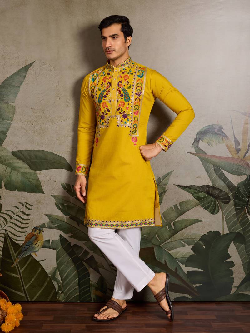 YELLOW VISCOSE SILK THEAD WITH SEQUINS EMBROIDERED WORK WEDDING FUNCTION NAVRATRI FESTIVAL PARTY WEAR STRAIGHT KURTA