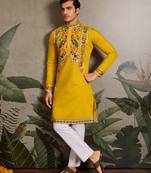 YELLOW VISCOSE SILK THEAD WITH SEQUINS EMBROIDERED WORK WEDDING FUNCTION NAVRATRI FESTIVAL PARTY WEAR STRAIGHT KURTA