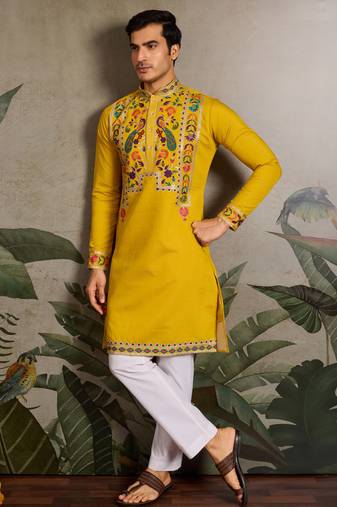 Yellow viscose silk thead with sequins embroidered work wedding function navratri festival party wear straight kurta