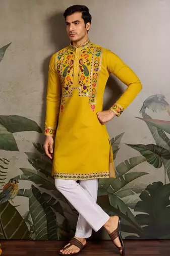 Yellow viscose silk thead with sequins embroidered work wedding function navratri festival party wear straight kurta