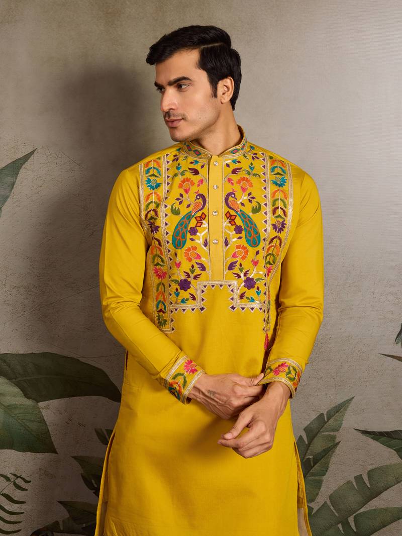 YELLOW VISCOSE SILK THEAD WITH SEQUINS EMBROIDERED WORK WEDDING FUNCTION NAVRATRI FESTIVAL PARTY WEAR STRAIGHT KURTA