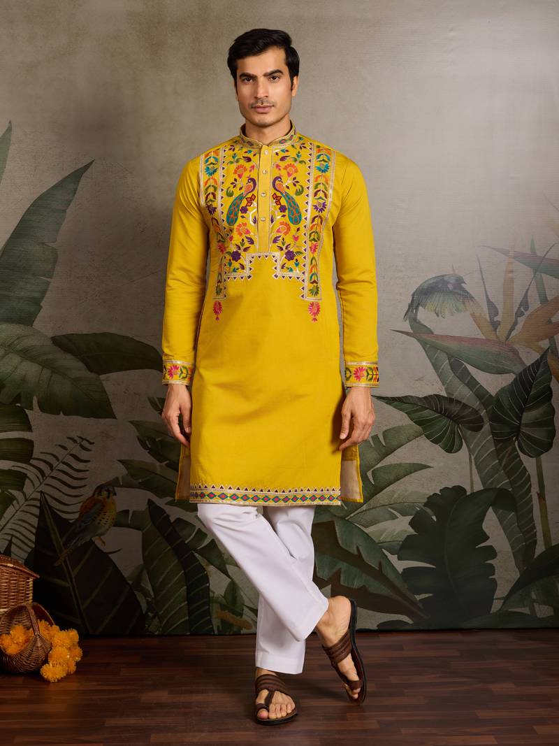 YELLOW VISCOSE SILK THEAD WITH SEQUINS EMBROIDERED WORK WEDDING FUNCTION NAVRATRI FESTIVAL PARTY WEAR STRAIGHT KURTA