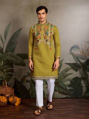 FLUORRESCENT GREEN VISCOSE SILK THEAD & SEQUINS EMBROIDERED WORK NAVRATRI FESTIVAL FUNCTION  PARTY WEAR STRAIGHT KURTA 1
