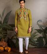 Fluorrescent green viscose silk thead & sequins embroidered work navratri festival function  party wear straight kurta