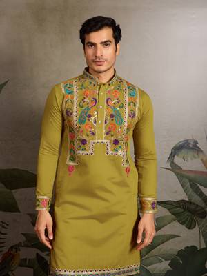 FLUORRESCENT GREEN VISCOSE SILK THEAD & SEQUINS EMBROIDERED WORK NAVRATRI FESTIVAL FUNCTION  PARTY WEAR STRAIGHT KURTA 3