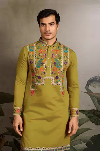 FLUORRESCENT GREEN VISCOSE SILK THEAD & SEQUINS EMBROIDERED WORK NAVRATRI FESTIVAL FUNCTION  PARTY WEAR STRAIGHT KURTA